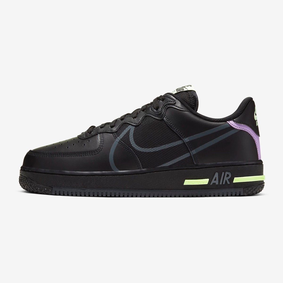 Men s Nike Air Force 1 React Black Violet Star Barely Volt