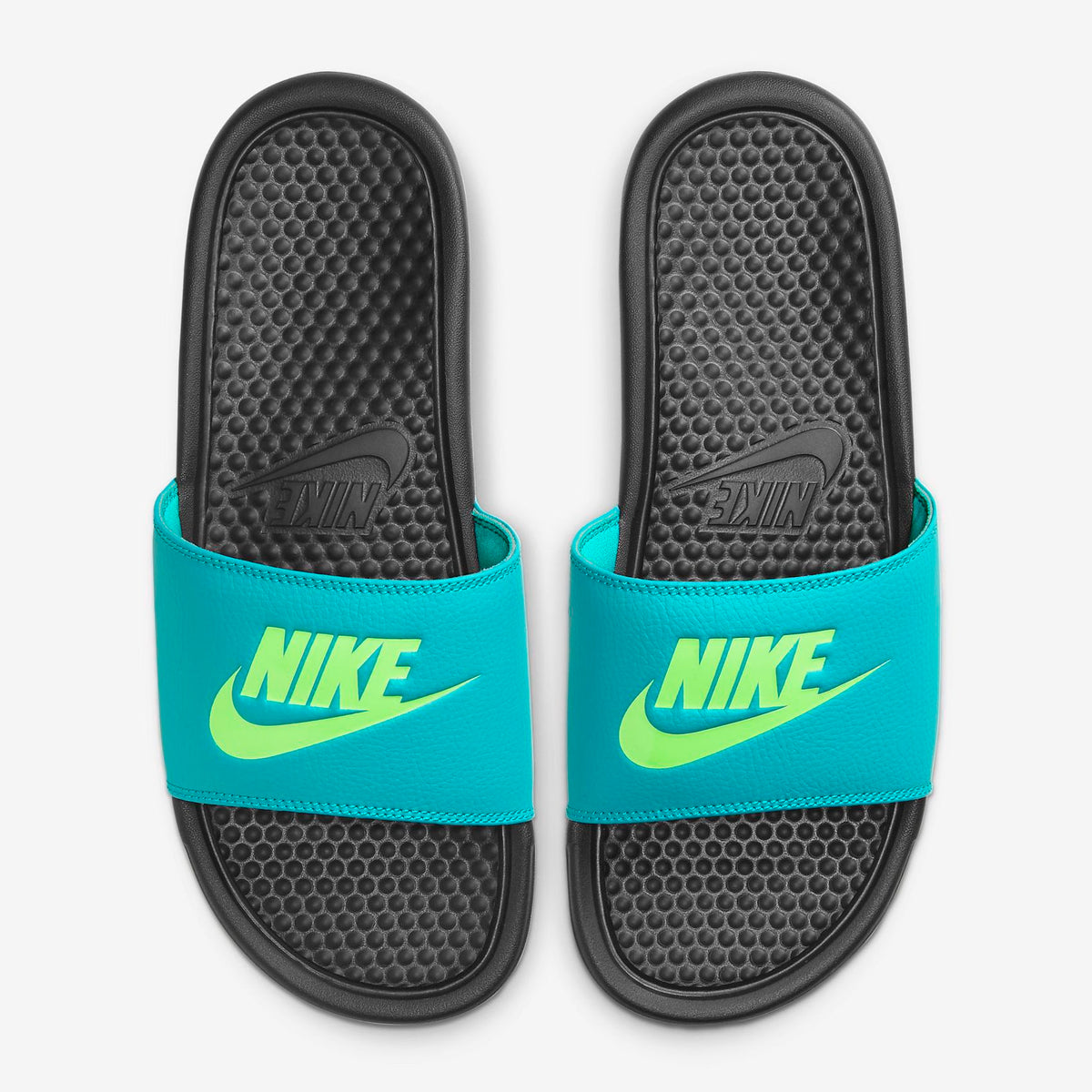 Green and 2025 black nike slides