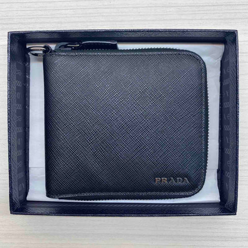 PRADA Saffiano Compact Zipped Wallet Bi-Color (Black/Baltic Blue)(2ML021)