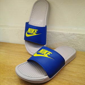 Men's Nike Benassi JDI Slides (Sky Grey/Bright Cactus/Hyper Royal)(343880-029)