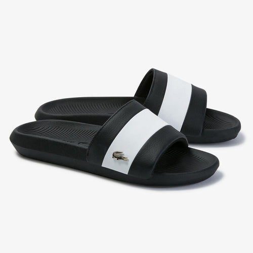 LACOSTE Women's White Stripe Metallic Logo Slides (Black/White)(7-39CFA0036312)