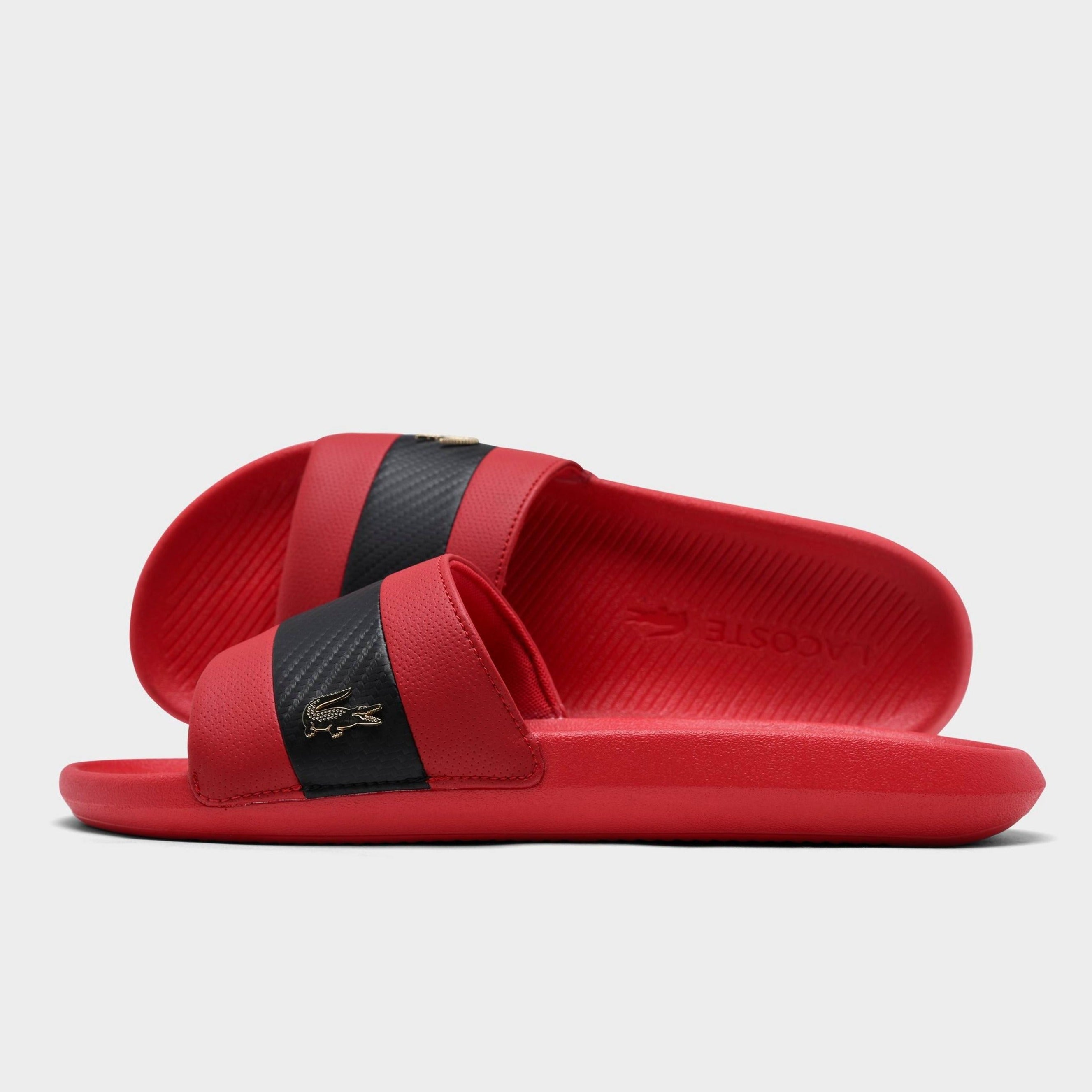 LACOSTE Men s Black Stripe Metallic Logo Slides Red 7 40CMA0045