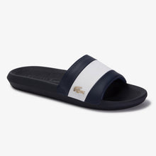 LACOSTE Women's White Stripe Metallic Logo Slides (Navy/White)(7-39CFA0036-092)