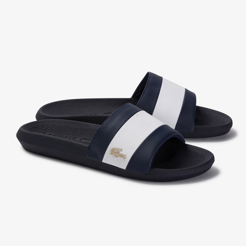 LACOSTE Men's White Stripe Metallic Logo Slides (Navy/White)(7-39CMA0081092)