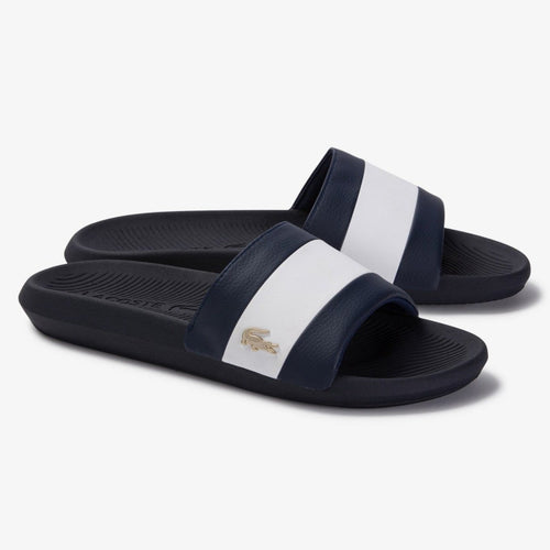 LACOSTE Women's White Stripe Metallic Logo Slides (Navy/White)(7-39CFA0036-092)