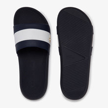 LACOSTE Women's White Stripe Metallic Logo Slides (Navy/White)(7-39CFA0036-092)