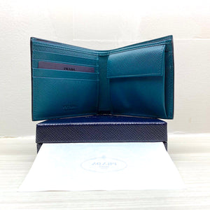 PRADA Saffiano Bi-Fold Leather Wallet w/ Coin Pocket (Baltic Blue / Teal)